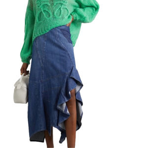 LOEWE Denim Midi ruffle skirt 42 US8 Azul Blue Asymmetrical ruffle hem N…